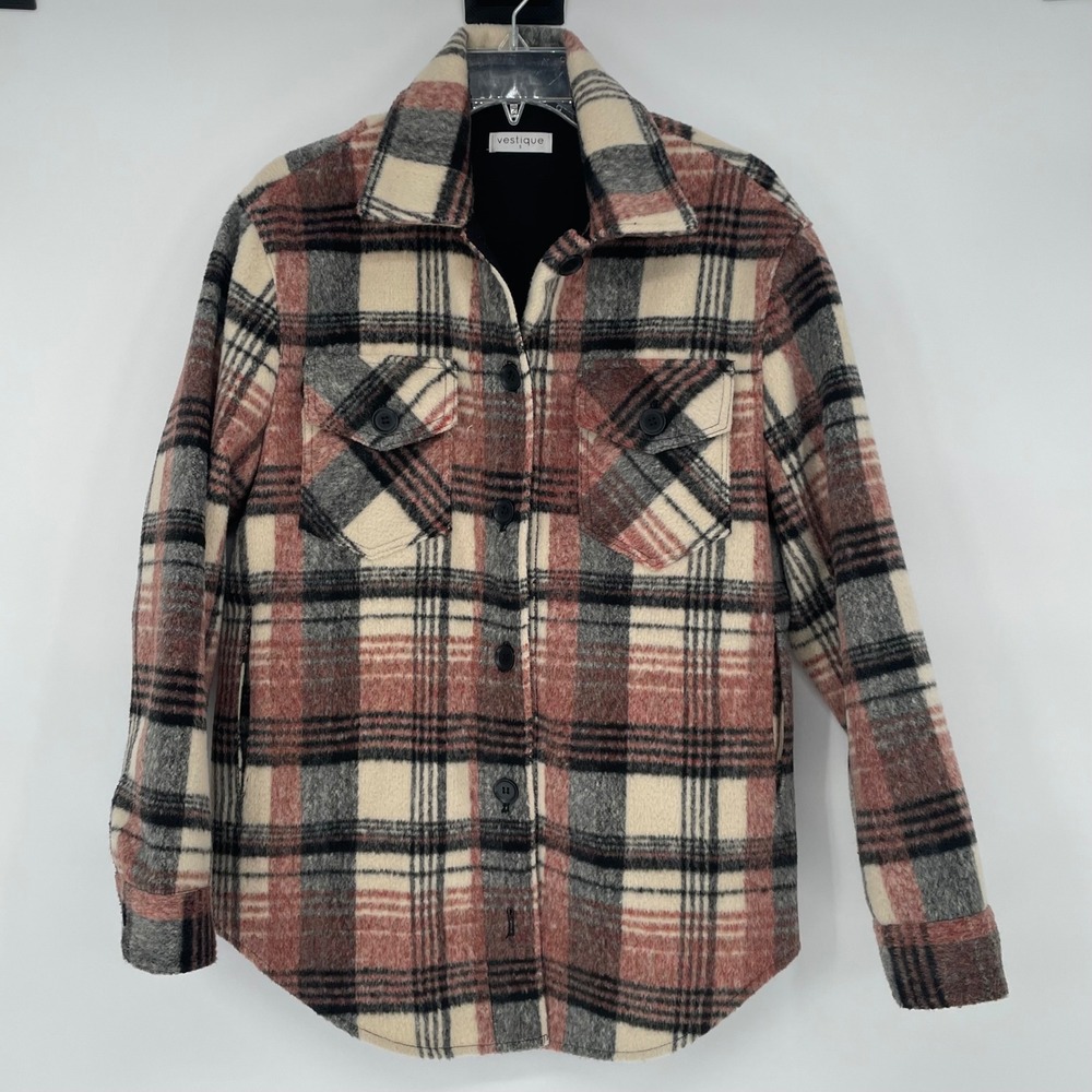 Vestique Plaid Shacket Mauve Cream Black Button Front Jacket Womens S